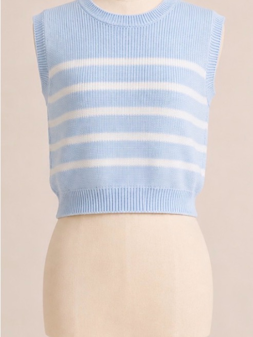 Sleeveless Striped Knit Shell - Light Blue & White